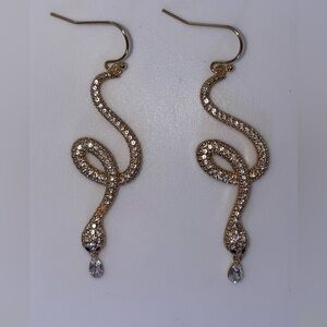 Gold Tone Snake Dangle Earrings with Rhinestones & Crystal Drop